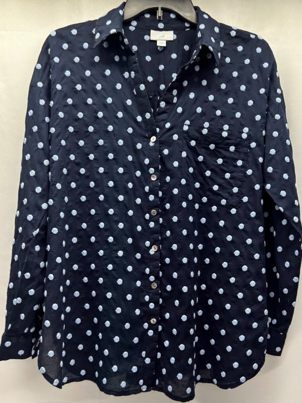 J. Jill Navy Polka Dot Button-Down Shirt Small Long Sleeves 100% Cotton